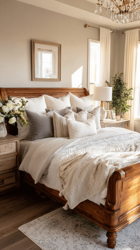 Elevate Your Space: Neutral Bedroom Decor with a Wooden Bed Focus