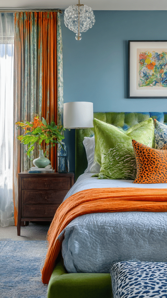 Designing an Eclectic Bedroom: The Colorful Charm of Orange, Green, and Blue